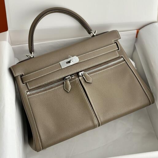 【エルメス HERMES】ケリーラキ32 スウィフトレザーエレファントグレーシルバーバックル(100%手縫い)